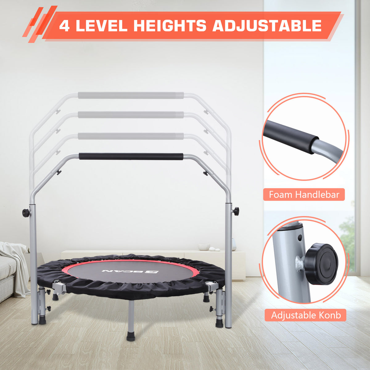 UPGO 40 Foldable Trampoline, Fitness Rebounder with Adjustable Foam  Handle, Exercise Trampoline for Adults Indoor/Garden Workout Max Load 330lbs