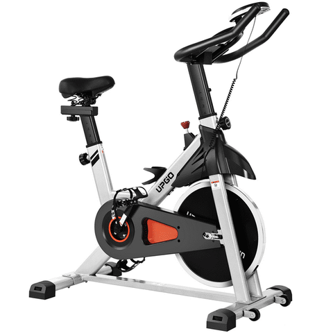 UPGO Adjustable Exercise Bike Indoor Cycling Bike Fitness and Workout Bike with Flywheel and Ipad Mount and Comfortable Seat Cushion