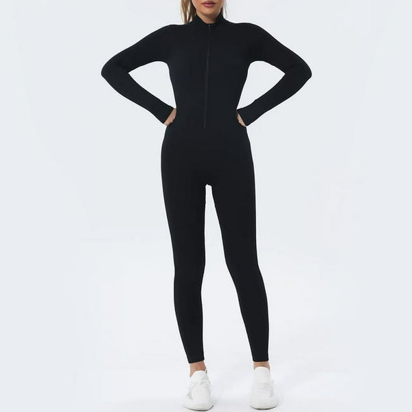 UPGO Zipper Seamless One-Piece Yoga Suit Dance Belly Tightening Fitness Workout Set Stretch Bodysuit Gym Clothes Push Up Sportswear, Black, M