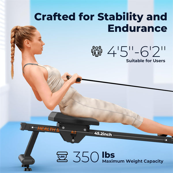 UPGO Magnetic Rowing Machine 350 LB Weight Capacity - Foldable Rower for Home Use with Bluetooth, App Supported, Tablet Holder and Comfortable Seat Cushion