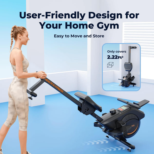 UPGO Magnetic Rowing Machine 350 LB Weight Capacity - Foldable Rower for Home Use with Bluetooth, App Supported, Tablet Holder and Comfortable Seat Cushion