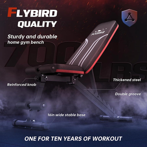 FLYBIRD Adjustable Weight Bench Workout Bench for Home Gym, 15 Degree Decline Sit-Up, Sturdy Durable Folding Weight Bench for Years of Workout