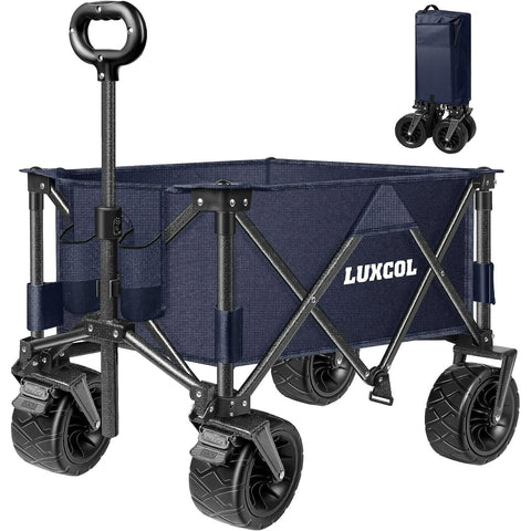 LUXCOL Collapsible Folding Wagon, Heavy Duty Utility Beach Wagon Cart for Sand with Big Wheels, Adjustable Handle&Drink Holders for Shopping, Camping,Garden and Outdoor