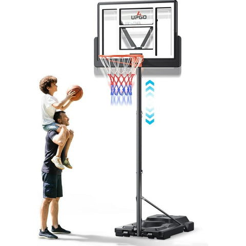 UPGO Basketball Hoop Outdoor 4.5-10FT Adjustable Height, 44 in Backboard, 20 Gal Stable Base, Portable Basketball Hoop Ideal for Kids/Teens/Adults