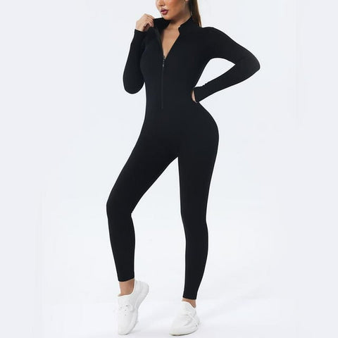 UPGO Zipper Seamless One-Piece Yoga Suit Dance Belly Tightening Fitness Workout Set Stretch Bodysuit Gym Clothes Push Up Sportswear, Black, M