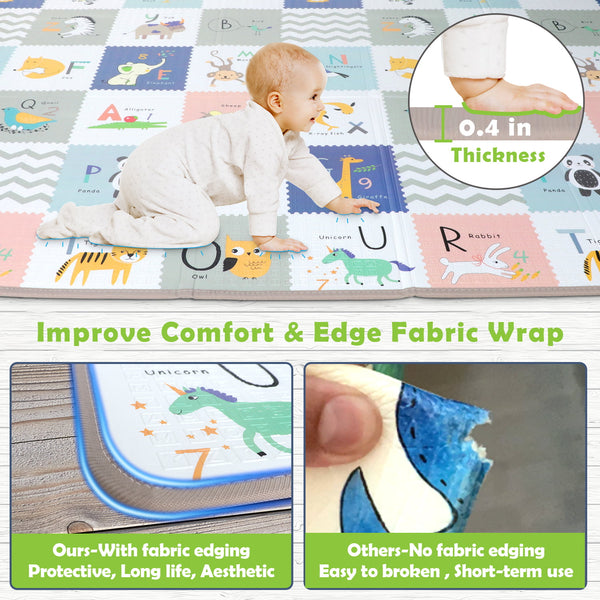 WAYPLUS Baby Play Mat, XPE Waterproof Anti-Slip Foam Baby Floor Mat with Fabric Covering Edge, Extra Large & Thick Reversible Folding Crawling Mat for Infants Toddlers Kids