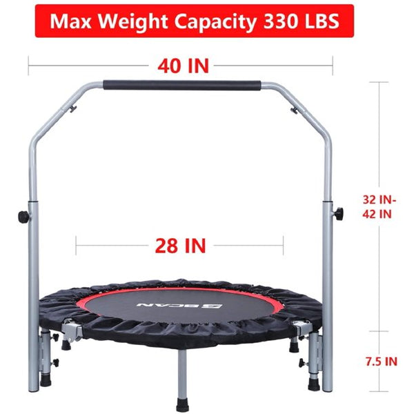 40" Foldable Trampoline, Fitness Rebounder with Adjustable Foam Handle, Exercise Trampoline for Adults Indoor/Garden Workout Max Load 330lbs
