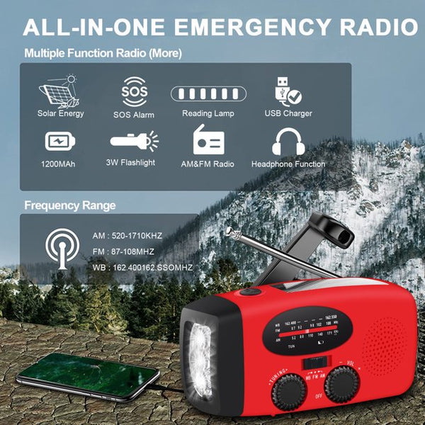 Weather Alert Emergency Radio Self Powered AM/FM/WB Alert Emergency Radio Solar Hand Crank Dynamo LED Flashlight Weather Alert Radio, Red
