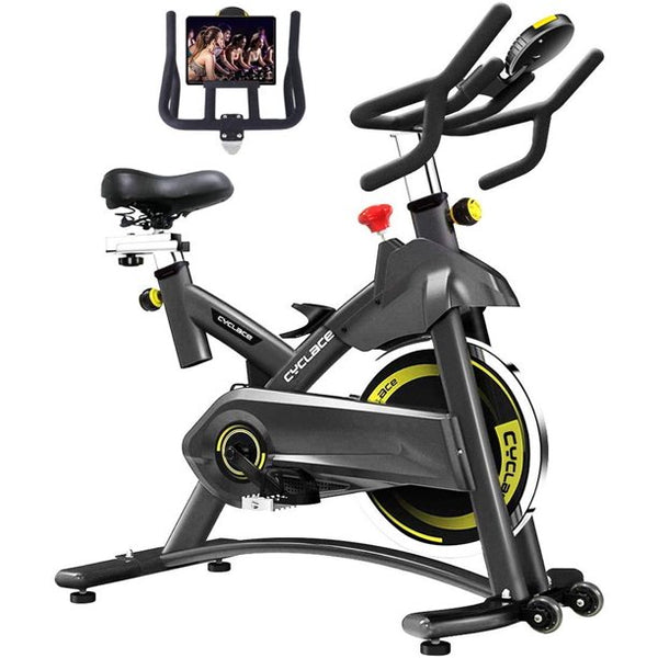 Cyclace Exercise Stationary Bike 330 Lb. Weight Capacity, Indoor Cycling with Comfortable Seat Cushion, Tablet Holder and LCD Monitor